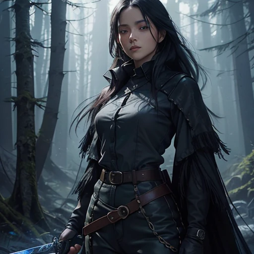 Oil painting.full height,In a dark night forest stands a mysterious woman, a raven sitting on her gloved hand. dark gray shirt with a sword belt tucked into high-waisted trousers, boots, a long black braid falls over her shoulder,She is secretive, against ...