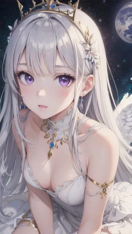 1girl, (masterpiece), best quality, expressive eyes, perfect face, anime - style image of a woman in a white dress with a crown on her head, detailed cosmic angelic, white wings, detailed wings, extremely detailed goddess shot, amethyst jewelry, ((white th...