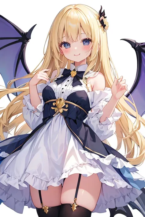 beautiful illustrations, highest quality, pretty girl,beautiful girl、clear face、 half girl、pastel colour ,blonde、black eyes、smile、blush、にこやかなsmile、thighs、devil、Angel、two girls、fantasy、fantasy、perfect hands、five fingereet、kiss