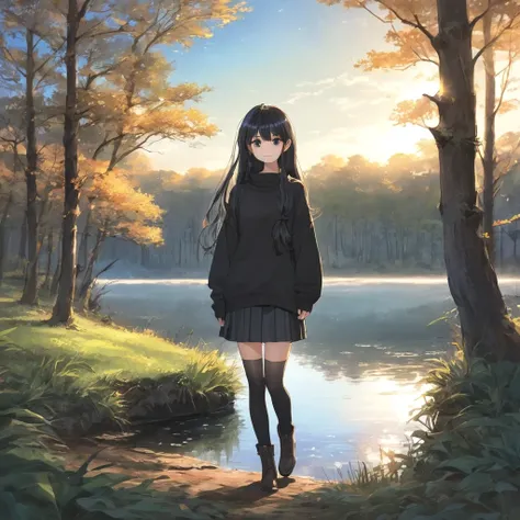 anime style person, Girl in black sweater, medias negras, botas negras,By the chestnut, ojos azules, en un bote, en un lago, con un atardecer en un bosque alrededor.