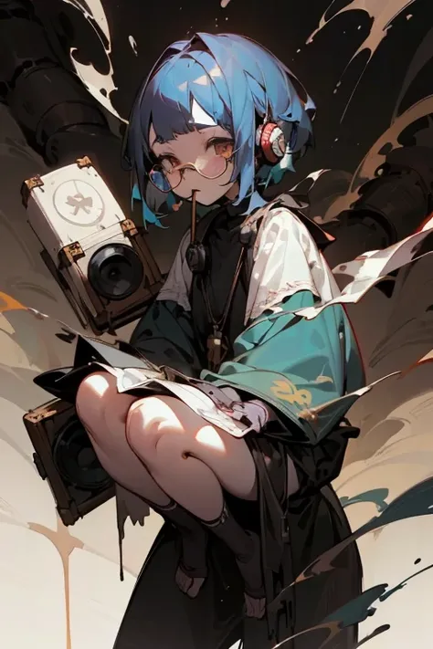 blue hair、Carrying a speaker、bob cut、headphones、glasses、Electronic cigarettes