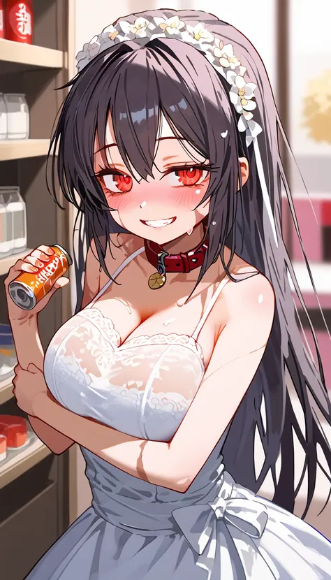 The focus is on one girl, (red eyes:1.3), collar, overall details, Miko, (masterpiece, that&#39;ridiculous), sauce_japanese manga, big breasts, dark gray hair, long hair, bags under eyes, scar, burn scar, side shot, blurry, can&#39;Please do not give up, a...