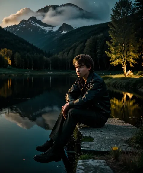 masterpiece,best quality,cinematic,dramatic,dynamic,1boy,landscape,lake,sitting,night,illumination,pond,face