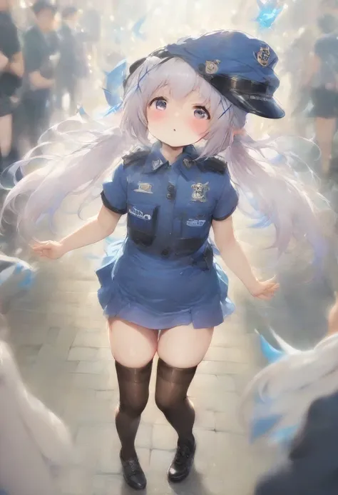 masterpiece, best quality, very aesthetic, absurdres, full body shot,(police costume:1.3), (button gap:0), police skirt, police cap, stockings with garter, on the crowed street, spirit of the wind, 1girl, kafuu chino, gochuumon wa usagi desu ka?