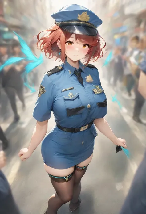 masterpiece, best quality, very aesthetic, absurdres, full body shot,(police costume:1.3), (button gap:0), police skirt, police cap, stockings with garter, on the crowed street, spirit of the wind, 1girl, pyra (xenoblade), xenoblade chronicles (series)