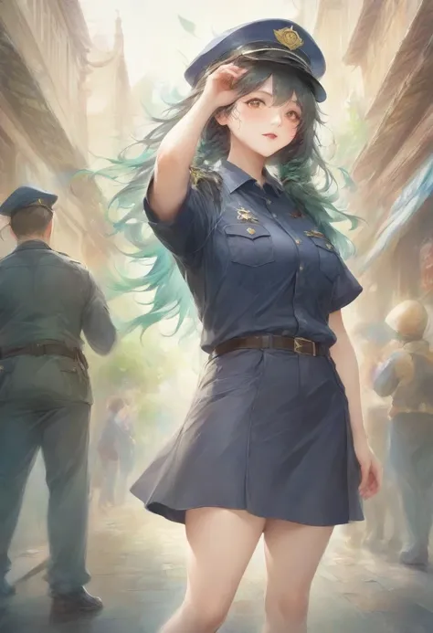 masterpiece, best quality, very aesthetic, absurdres, full body shot,(police costume:1.3), (button gap:0), police skirt, police cap, stockings with garter, on the crowed street, spirit of the wind, 1girl, byleth (fire emblem), fire emblem