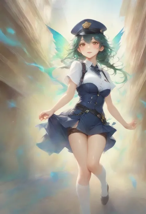 masterpiece, best quality, very aesthetic, absurdres, full body shot,(police costume:1.3), (button gap:0), police skirt, police cap, stockings with garter, on the crowed street, spirit of the wind, 1girl, byleth (fire emblem), fire emblem