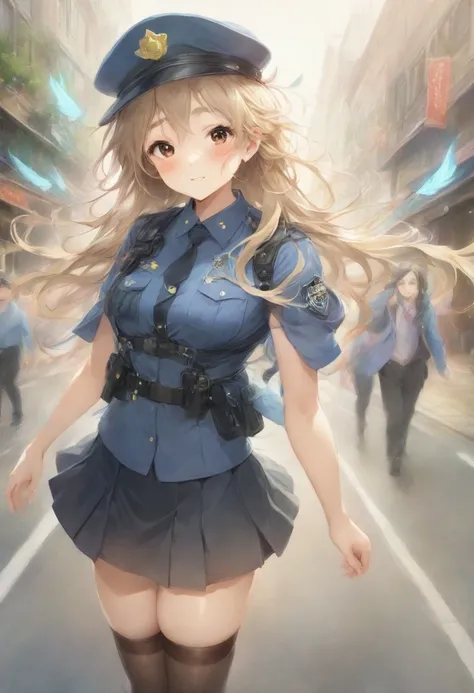 masterpiece, best quality, very aesthetic, absurdres, full body shot,(police costume:1.3), (button gap:0), police skirt, police cap, stockings with garter, on the crowed street, spirit of the wind, 1girl, kotobuki tsumugi, k-on!
