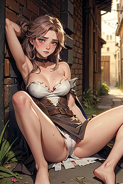 Medieval 19 year old princess, in alley, laying down, torn dress, messy hair, sweating, blushing, revealed shoulder, looking away, legs spread apart,