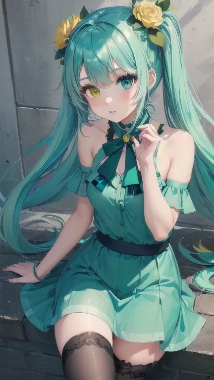 1girl, (masterpiece), best quality, expressive eyes, perfect face, anime girl with blue hair and green flowers in her hair, green hair, (aqua colored inner hair), anime girl wearing a green dress, green flowers, blue flowers, green and aqua clothes, green ...