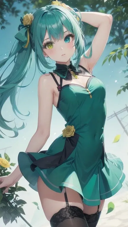 1girl, (masterpiece), best quality, expressive eyes, perfect face, anime girl with blue hair and green flowers in her hair, green hair, (aqua colored inner hair), anime girl wearing a green dress, green flowers, blue flowers, green and aqua clothes, green ...