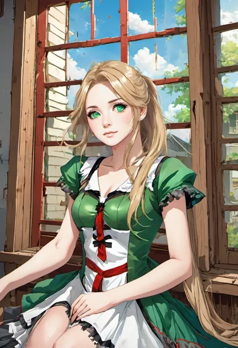 ((High quality)), ((Best quality)), ((Detail)), (Anime girl) with (long, ash-blonde hair with dyed-red tips at the bottom), (Blueish-Grey eyes), (Tan skin), (blushing), (wearing a green and white dress with black leggings, and green boots), (red feathered ...