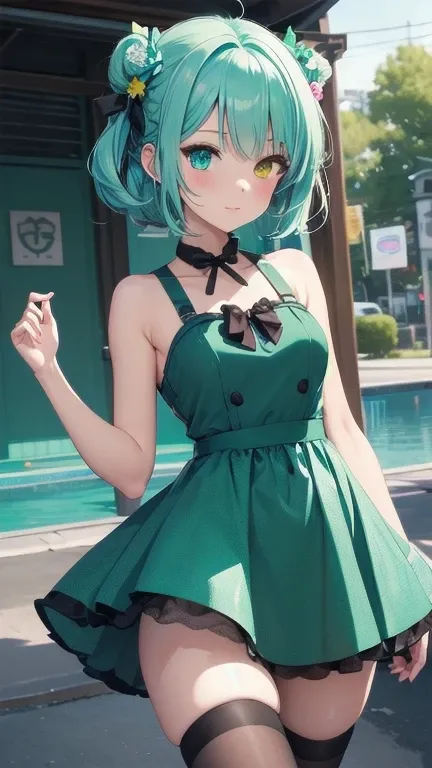 1girl, (masterpiece), best quality, expressive eyes, perfect face, anime girl with blue hair and green flowers in her hair, green hair, (aqua colored inner hair), anime girl wearing a green dress, green flowers, blue flowers, green and aqua clothes, green ...