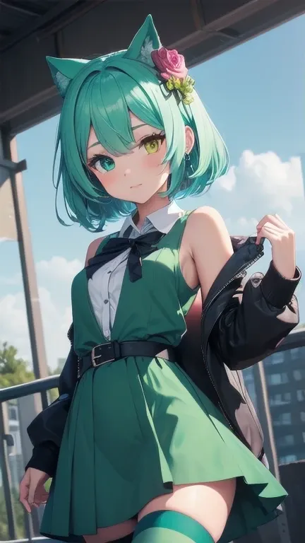 1girl, (masterpiece), best quality, expressive eyes, perfect face, anime girl with blue hair and green flowers in her hair, green hair, (aqua colored inner hair), anime girl wearing a green dress, green flowers, blue flowers, green and aqua clothes, green ...