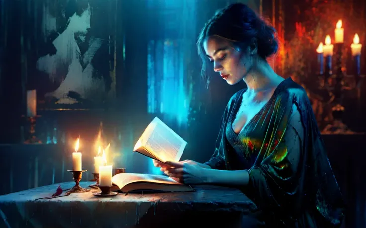 woman reading at a table by candlelight, very dark room, minimalist, Wadim Kashin, Willem Haenraets, Carne Griffiths, alcohol ink, Paul Lovering, surreal, beautiful, exquisitely detailed, a masterpiece; Detailed matte painting, deep colors, fantastic and i...