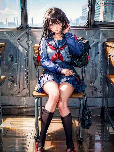 ((masterpiece, highest quality)),best aesthetics,1 girl, , machine, sitting, school machine, brown hair, classroom, long hair, indoors, Chair, looking at the viewer, :p, focus only, brown eyes, skirt, long sleeve, pencil, 1 boy, pencil case, paper, black s...