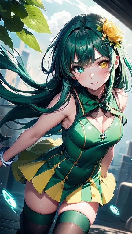 1girl, (masterpiece), best quality, expressive eyes, perfect face, anime girl with blue hair and green flowers in her hair, green hair, (aqua colored inner hair), anime girl wearing a green dress, green flowers, blue flowers, green and aqua clothes, green ...