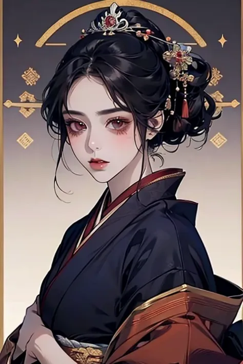 1female, black hair long straight, brown eyes, dark blue kimono, feudal japan, looking at viewer, portrait, beautiful, symmetric...