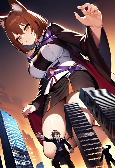 huge，brown hair，fox ears，Teenage girl，short skirt，Teasing the villain，A giant girl taller than a building，穿White过膝袜的，city-destroying，miniature city，low angle of view，shrouded in the villain，White，arrogant，Holding a little man in hand，squatting
