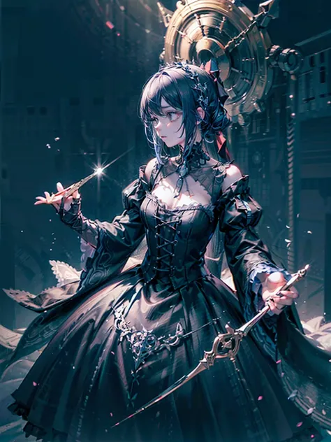 (a girl with) Aura-like gothic lighting, realistic Gothic-style artwork, detailed skeleton impaling itself with a sword in the neck, dark atmospheric background, high-res masterpiece:1.2, ultra-fine painting, professional, vivid colorsかためをあかくして