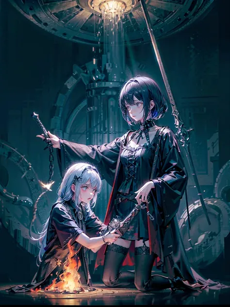 (a girl with) Aura-like gothic lighting, realistic Gothic-style artwork, detailed skeleton impaling itself with a sword in the neck, dark atmospheric background, high-res masterpiece:1.2, ultra-fine painting, professional, vivid colorsかためをあかくして