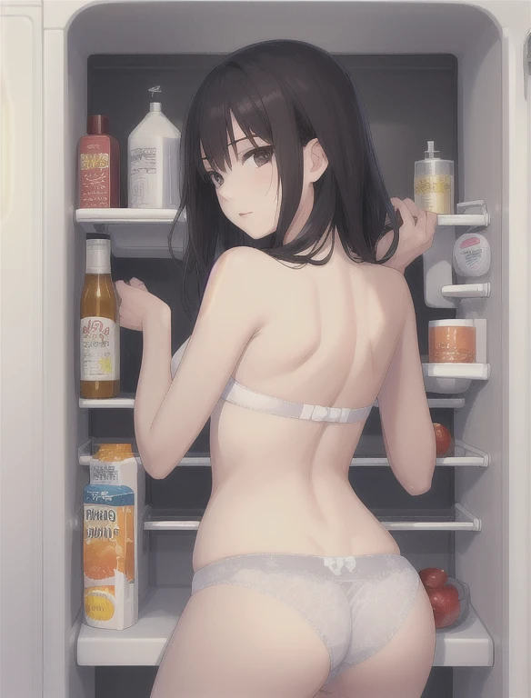 highest quality、masterpiece、High resolution、1 girl、underwear、butt、Peering into the fridge、relaxing after a hot bath