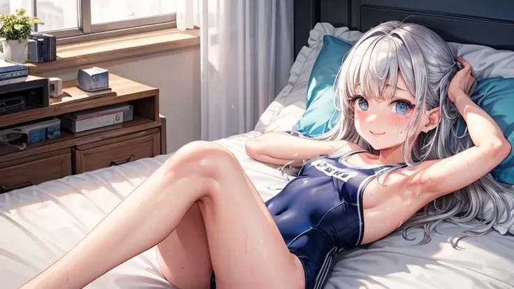 one 、、European girl、lolita、、、short、Very short、looking at the viewer、ultimate beautiful girl、detailed face、ultimate image quality、best lighting、silver hair、long hair、blue eyes、Smile、sweaty、navy blue school swimsuit、a lot of sweat、Drenched armpits、clothes ar...