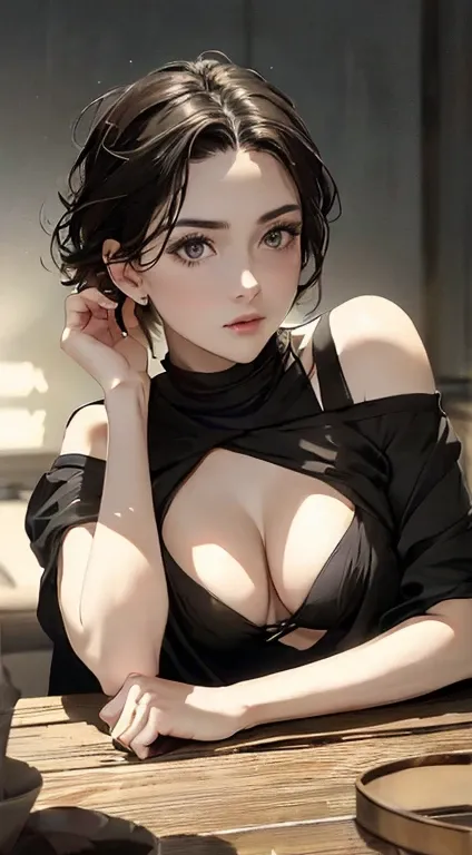 (highest quality, table top:1.2, 超A high resolution, realistic:1.5), Raw photo, 1 girl, off shoulder, in the dark, deep shadow, subdued lighting, cool tones, captivating gaze, short hair, foggy atmosphere, mysterious atmosphere, subtle highlights, dramatic...