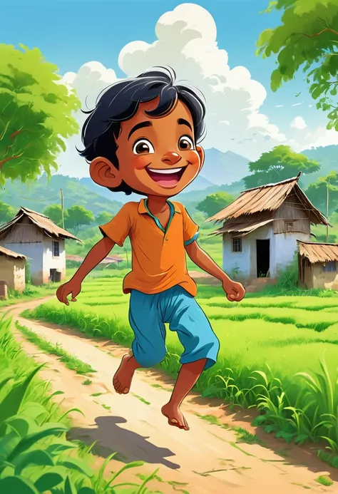 A little boy Raju playing joyfully in a small village surrounded by lush green fields. Cartoon style
