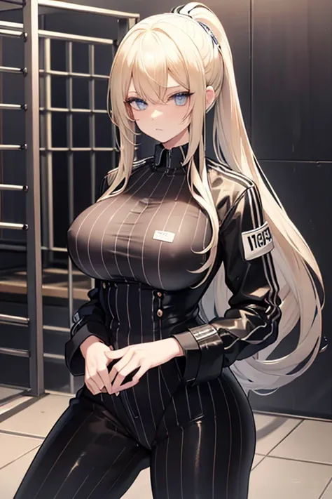 blonde hair, long hair, ponytail, blue eyes, black and white striped jumpsuit, prison uniform, prisoner, prisoned, jailed, jail cell, huge breasts