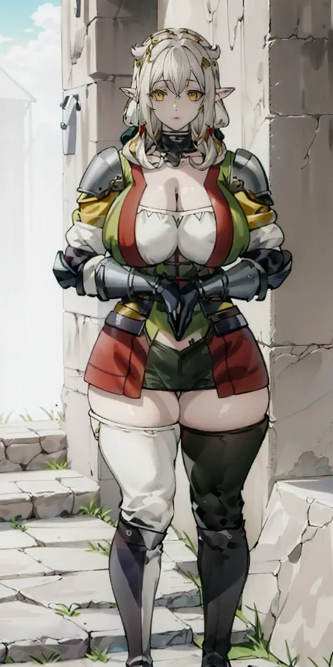 masterpiece, best quality, high quality, 1solo white SKIN elf, long hair, white hair, yellow eyes, full body, breastplate, looking at viewer, shiny, armor, thigh highs, high boots, shoulder armor, faulds, poleyn, gloves, gauntlets