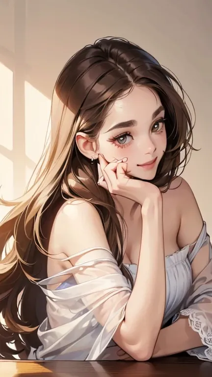 (table top, digital illustration, 4k, 8k, Super detailed, beautiful images, clear image, perfect face, perfect lines, perfect eyes, soft lighting) 1 female, (brown long  hair,innocent look,look at viewer, side view,Over-the-shoulder ,Thin Eyebrows ,droopy ...