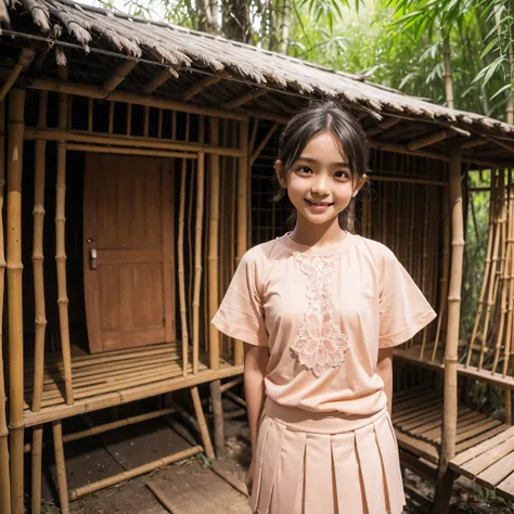 A 12 years old Indonesian girl in peach color hijab, wearing peach color lace tight t-shirt, wearing very short peach color pleated skirt, darker skin, skinny body, short body, smiling and standing in the old bamboo cabin in a forest, look to the viewer wi...