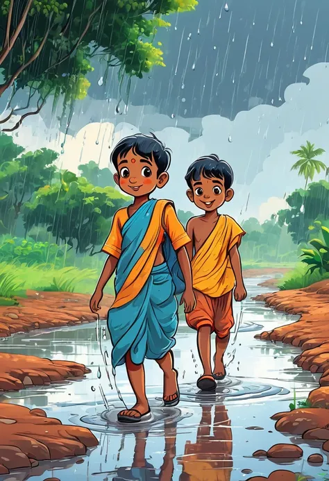 Little boy Raju joining other children from the village as they walk towards a glistening river after a heavy rainfall. Cartoon style