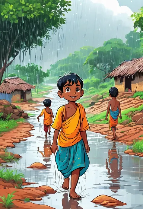 Little boy Raju joining other children from the village as they walk towards a glistening river after a heavy rainfall. Cartoon style