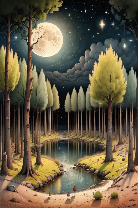 night pond:1.5, (masterpiece),(Best quality:1.0), (Ultra-high resolution:1.0), detailed illustration, detailed landscape, vibrant colors, 8K, night, moon clouds, (( magical, beautiful, trees:1.4 )), (( Best quality, vibrant, 32k light and well-defined shad...