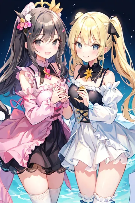 beautiful illustrations, highest quality, pretty girl,beautiful girl、clear face、 half girl、pastel colour ,blonde、black hair、black eyes、smile、blush、にこやかなsmile、thighs、Devil girl and angel girl、two girls、fantasy、fantasy、perfect hands、five fingereet、facing eac...