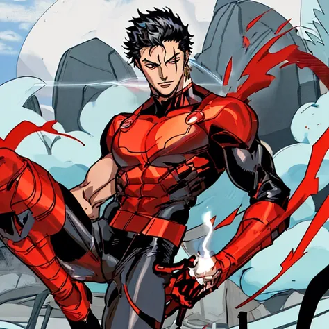 A anime boy with powers of flame .he is wearing a red and black colour superhero costume and has black hair with red mask without a cape in the background is indian forest .