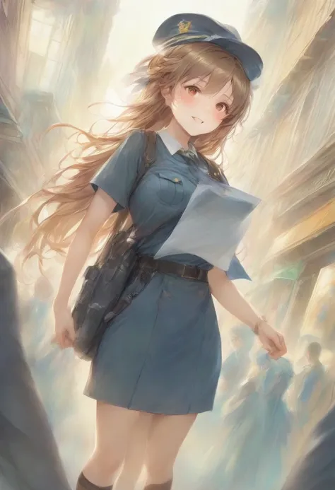 masterpiece, best quality, very aesthetic, absurdres, full body shot,(police costume:1.3), (button gap:0), police skirt, police cap, stockings with garter, on the crowed street, spirit of the wind, 1girl, asuna (sao), sword art online