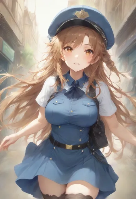 masterpiece, best quality, very aesthetic, absurdres, full body shot,(police costume:1.3), (button gap:0), police skirt, police cap, stockings with garter, on the crowed street, spirit of the wind, 1girl, asuna (sao), sword art online