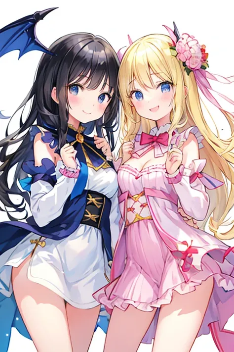 beautiful illustrations, highest quality, pretty girl,beautiful girl、clear face、 half girl、pastel colour ,blonde、black hair、black eyes、smile、blush、にこやかなsmile、thighs、Devil girl and angel girl、two girls、fantasy、fantasy、perfect hands、five fingereet、facing eac...