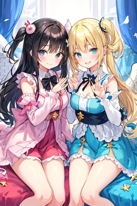 beautiful illustrations, highest quality, pretty girl,beautiful girl、clear face、 half girl、pastel colour ,blonde、black hair、black eyes、smile、blush、にこやかなsmile、thighs、Devil girl and angel girl、two girls、fantasy、fantasy、perfect hands、five fingereet、facing eac...