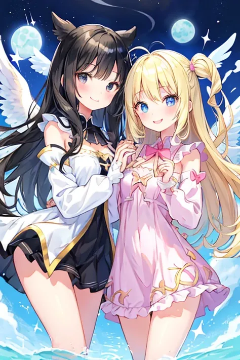 beautiful illustrations, highest quality, pretty girl,beautiful girl、clear face、 half girl、pastel colour ,blonde、black hair、black eyes、smile、blush、にこやかなsmile、thighs、Devil girl and angel girl、two girls、fantasy、fantasy、perfect hands、five fingereet、facing eac...