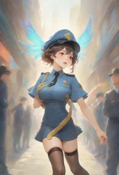 masterpiece, best quality, very aesthetic, absurdres, full body shot,(police costume:1.3), (button gap:0), police skirt, police cap, stockings with garter, on the crowed street, spirit of the wind, 1girl, senketsu, kill la kill