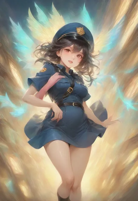 masterpiece, best quality, very aesthetic, absurdres, full body shot,(police costume:1.3), (button gap:0), police skirt, police cap, stockings with garter, on the crowed street, spirit of the wind, 1girl, senketsu, kill la kill