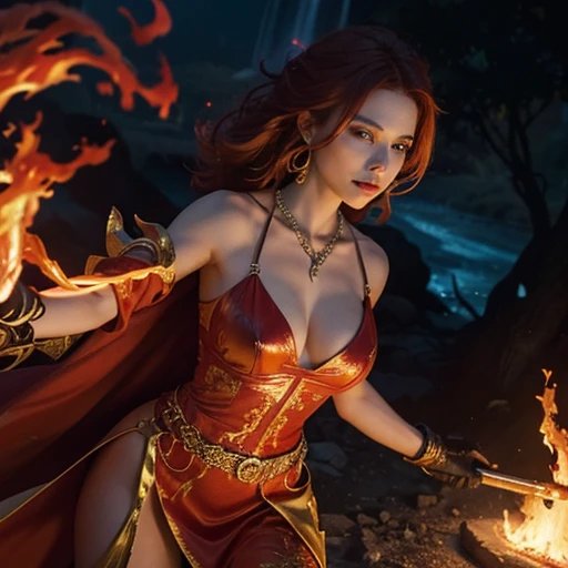 Oil painting,full height,The fiery sorceress, wrapped in a halo of flame, beckons, her eyes blazing with fire. Her hair, a cascade of vibrant reds and oranges, her outfit the color of molten lava, she holds a mystical pendant in the air, Flames dancing aro...