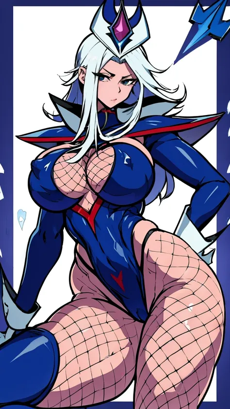 Silent magician, nude, (( desnuda,abdomen grande, abdomen colgado, panza)), (vientre colgando), long hair, cabello blanco, curvy body, gigantic sagging breast, aplastar tetas,  duel monster,  muslos gordos , muslos apretados, (fishnet:1.2), pantyhose, Fish...