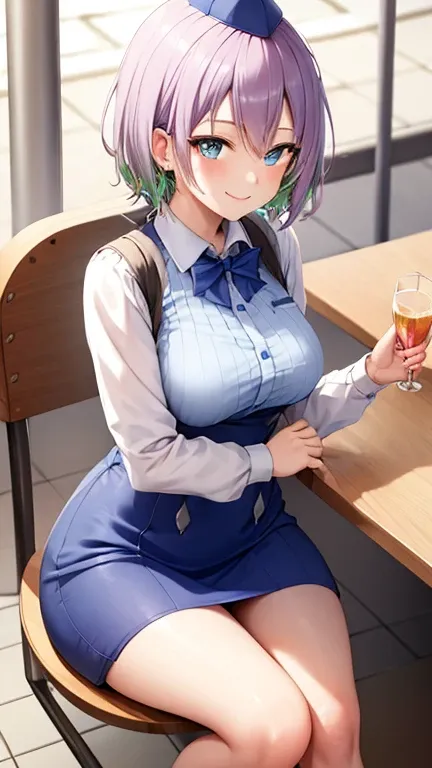 Smiling and talking to me ,  pastel colored date clothes , During a date at a cafe. She is sitting next to the counter.  , On a date ,  various poses ,  various angles ,  various top and bottom angles , micro mini skirt