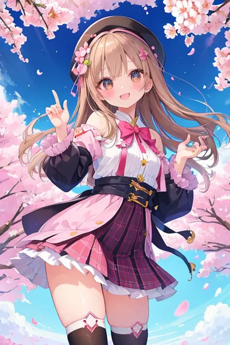 beautiful illustrations, highest quality, pretty girl,beautiful girl、clear face、 half girl、pastel colour 、brown hair、black eyes、smile、blush、にこやかなsmile、thighs、fantasy、perfect hands、five fingers、cherry blossoms吹雪、cherry blossoms、goblin