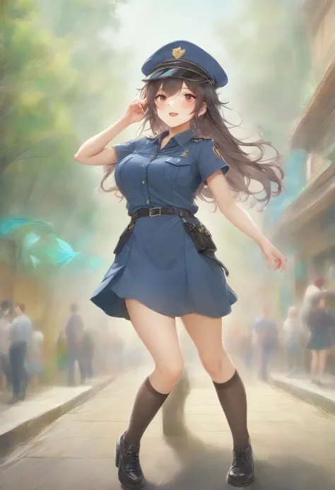 masterpiece, best quality, very aesthetic, absurdres, full body shot,(police costume:1.3), (button gap:0), police skirt, police cap, stockings with garter, on the crowed street, spirit of the wind, 1girl, aqua (konosuba), kono subarashii sekai ni shukufuku...